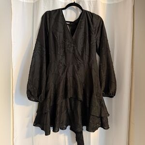 Black Textured Wrap Mini Dress NOLA Boutique Tiered Hem L
